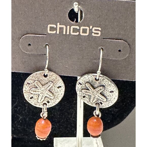 nwt chicos Silver Tone Sand Dollar Dangle Hook Earrings - Picture 1 of 4